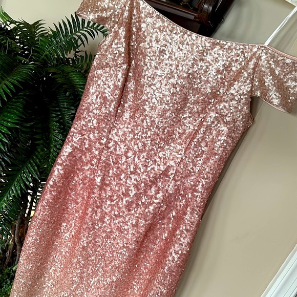 Vince Camuto Off Shoulder Coral Pink Ombre Sequin Dress Midi Sparkly Party - Picture 7 of 15